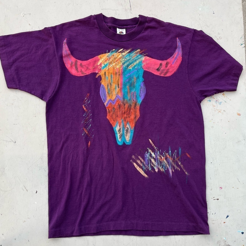 Men's VTG Fruit Loom T-Shirt Purple Southwest Painting Skull XL USA Ranch Cowboy